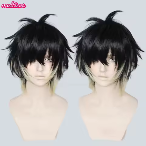 High Quality Anime Towa Cosplay Wig Short Black Yellow Heat Resistant Synthetic Hair Halloween Party Role Play Wigs + Wig Cap