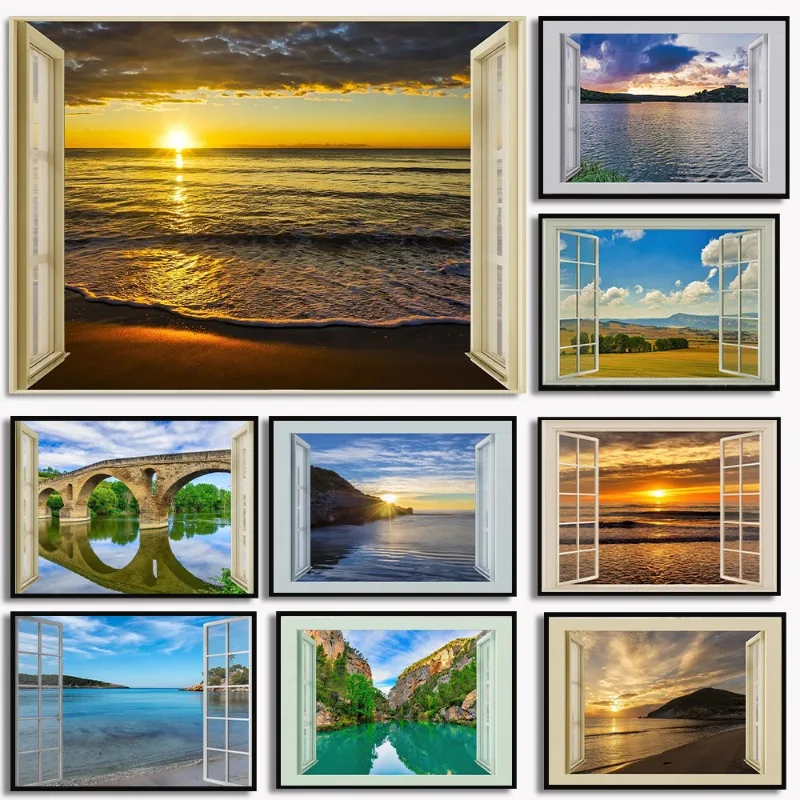 3D Window View River Forest Beach Sunset Landscape Canvas Painting Posters Prints Wall Art Pictures Living Room Home Decorati