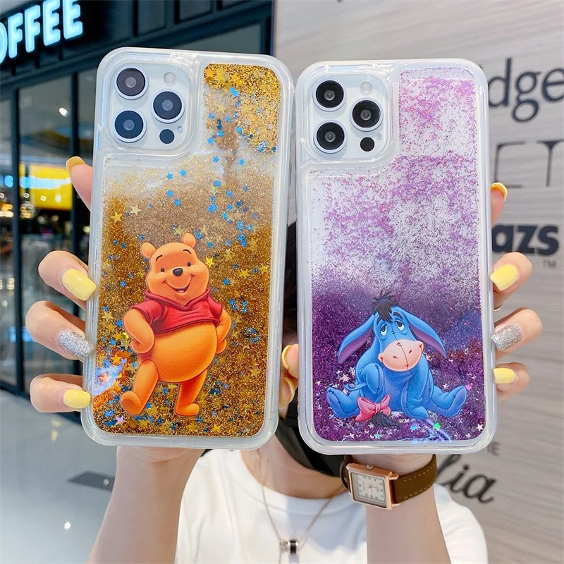 Cartoon Disney Winnie the Pooh Liquid Quicksand Bling Glitter Phone Case For iPhone 17 16 15 14 13 12 11 XS X XR Plus Back Cover