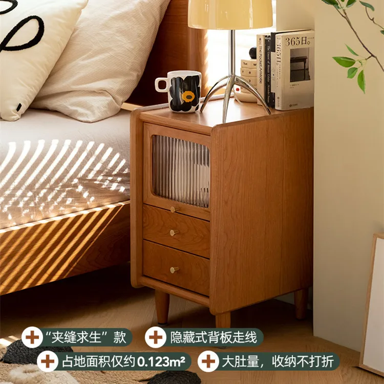 Solid wood bedside table ultra-narrow small size cherry wood Nordic Japanese simple small extremely narrow bedside storage