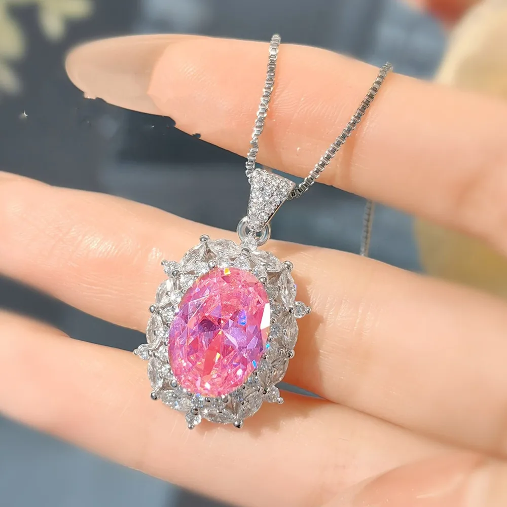 Princess Luxury Pink Quartz Gemstones Pendant Necklaces for Women Girl Present White Gold Filled Silver Argyle Bling Crystal