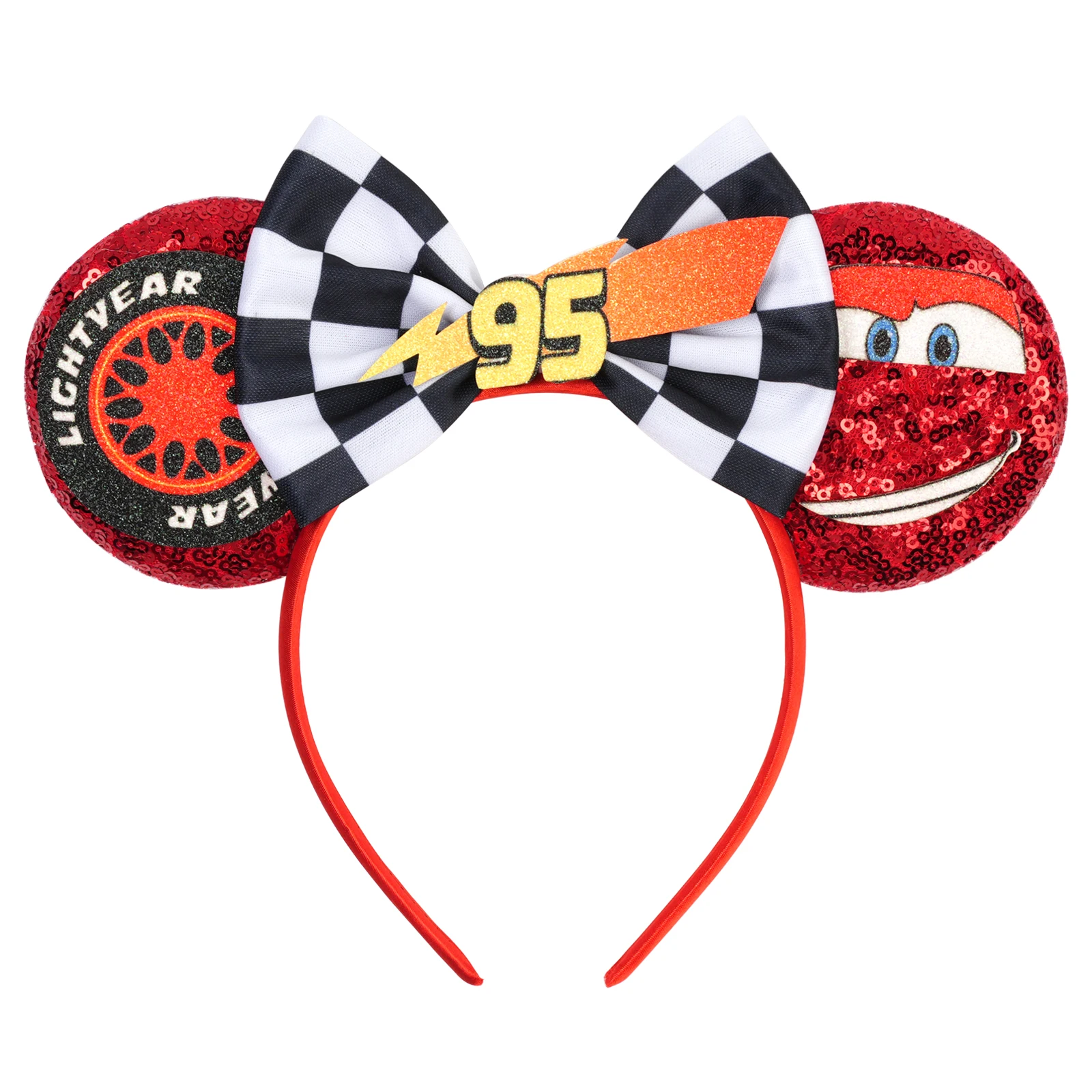 Accesorios para el cabello de coches de Anime de Disney, diadema con orejas de Mickey Mouse Pixar 95 Lightning McQueen para niñas, niños y mujeres, diadema con lazo de lentejuelas