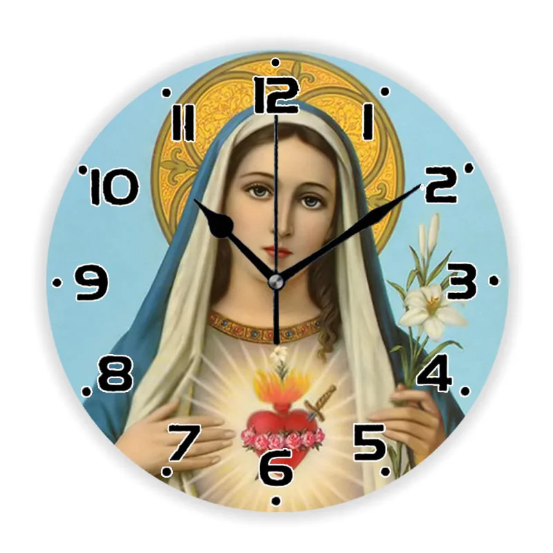 Religious Holy Virgin Mary Our Lady Blessed Mother Painting Wall Clock Watch for Living Room Christian Wall Art Home Decor Gift