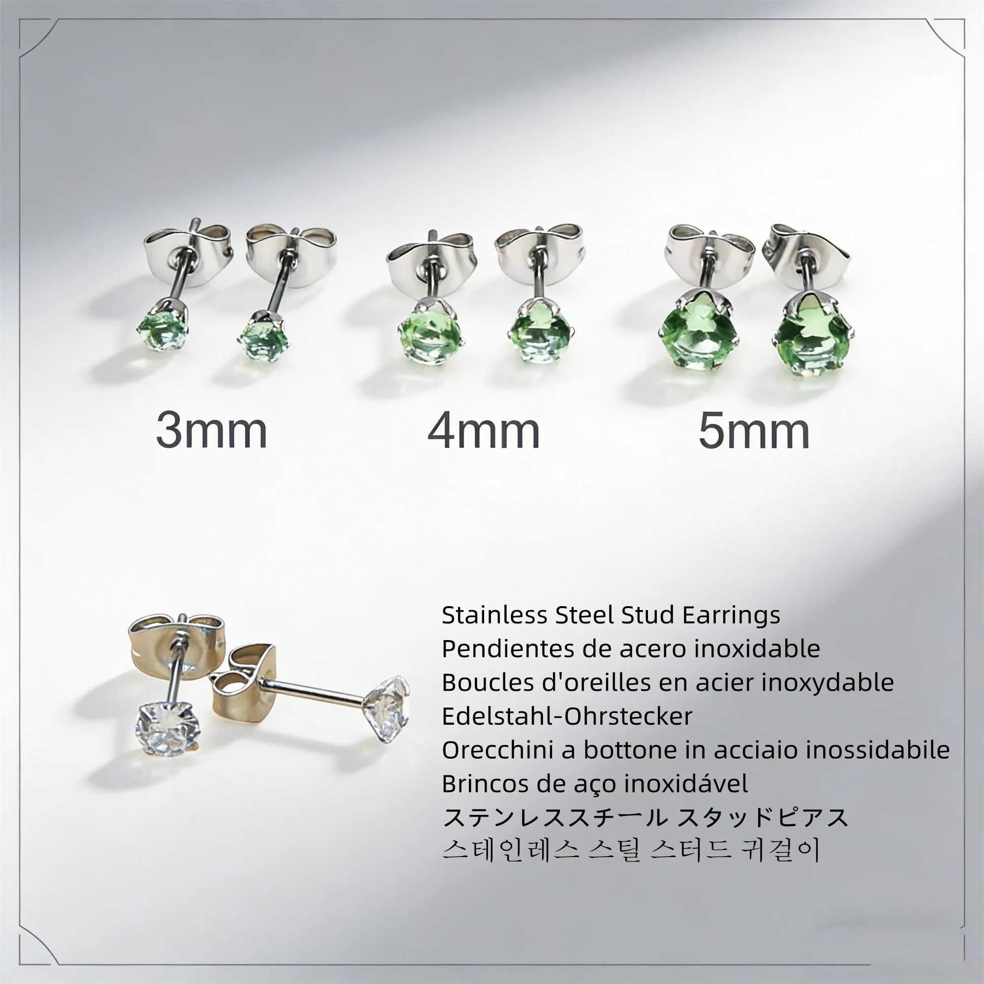 Stainless Steel Classical Apple Green Glass Push back Stud Earrings For Men Women 3MM 4MM 5MM For Choose