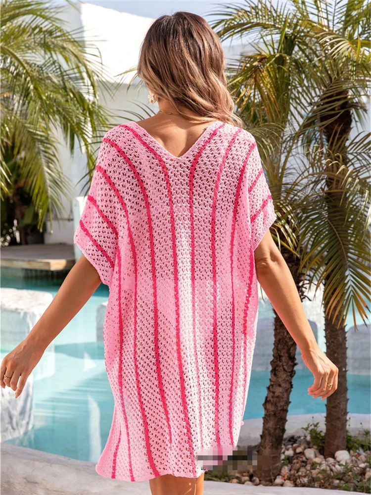 2024 Mode Gestripte Strandhoes Voor Badkleding Dames Zomerkleding Sun Jurk Split Tuniek Dames Pareo Eendelig Cover-Up