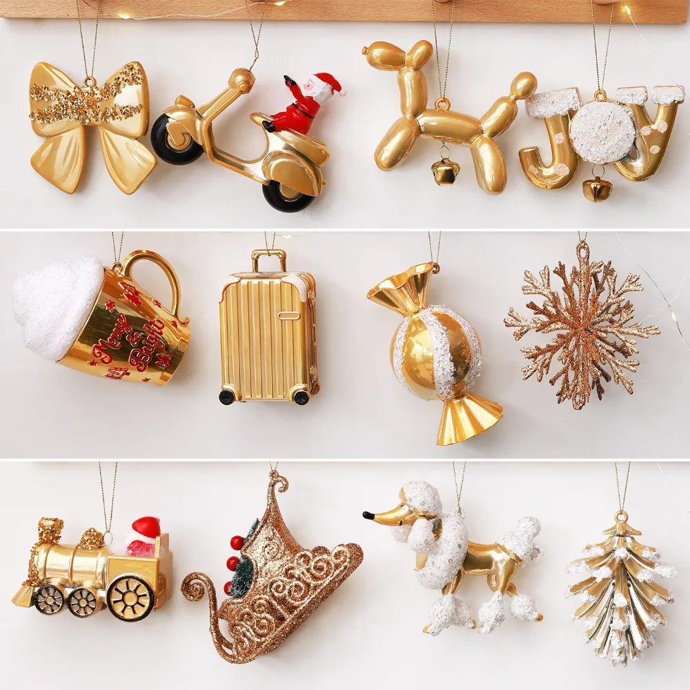 Golden PC Christmas Ornaments  Xmas Tree Hanging Pendant Gold Balloon Dog Sled Bowknot Decor DIY Home Decoration Holiday Gift