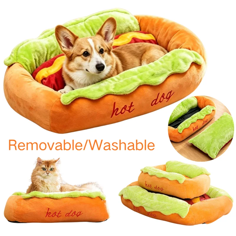 Cute Hot Dog Shaped Pet Bed Soft Plush Warm Dog Cat Sleeping Cushion Removable Washable Waterlon for Cats Dogs Indoor Use
