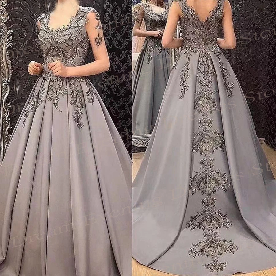 Charming Sexy A Line Gray Women's Evening Dresses Modern Classic Lace Appliques Prom Gowns Pleated Vestidos De Noche Elegantes