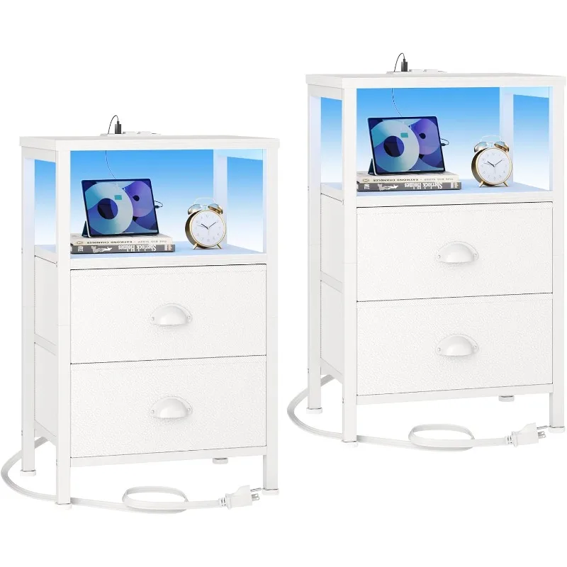 Nightstands Set of 2, End Tables with Charging Station and LED Lights,2 Fabric Drawers,Bedside Tables for Living Room/Bedroom