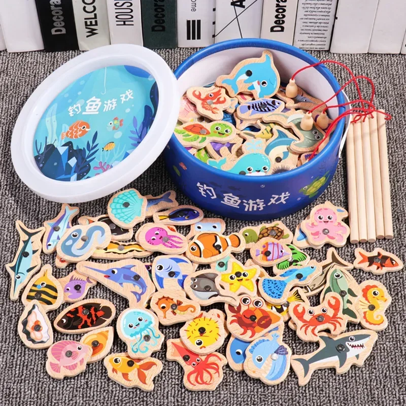 Wooden Bucket Ocean Fishing Toys Children\'s Early Education Puzzle Cognitive Fun Magnetic Ocean Fish Parent-child Game