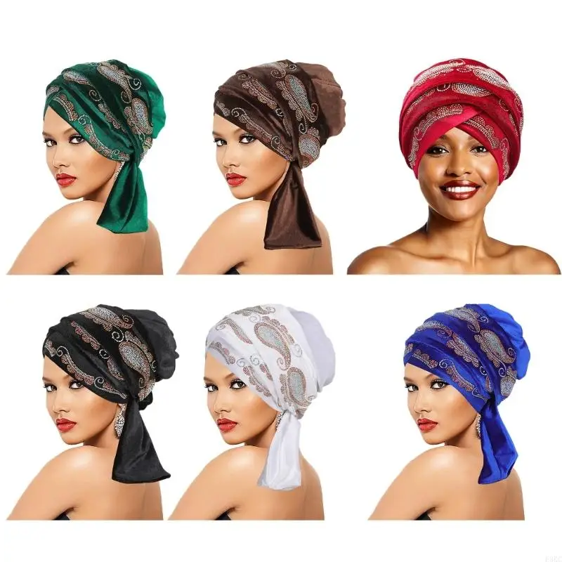 

F3KC Sparkling Headscarf Hat Rhinestones Studs Crossed Forehead Women Chemo Turban Hat