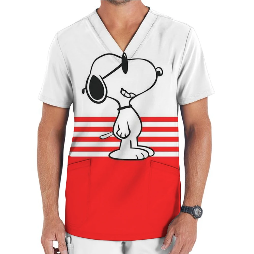 Men's T-shirt nurse uniform cartoon Snoopy print V-neck pocket medical cartoon nursing scrub uniform Enfermera men's clothing