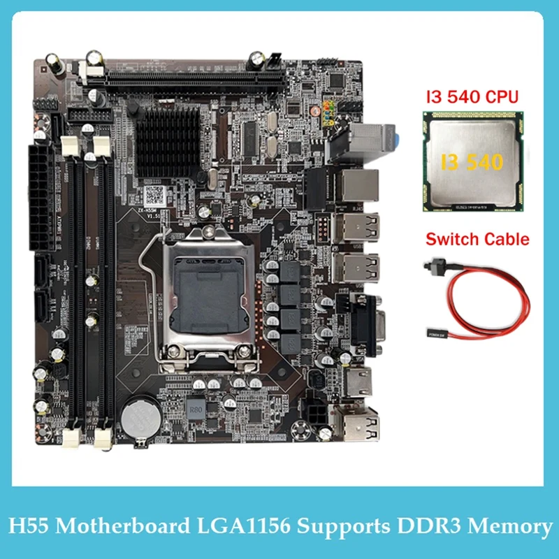 H55 Motherboard LGA1156 Supports I3 530 I5 760 Series CPU DDR3 Memory Computer Motherboard+I3 540 CPU+Switch Cable