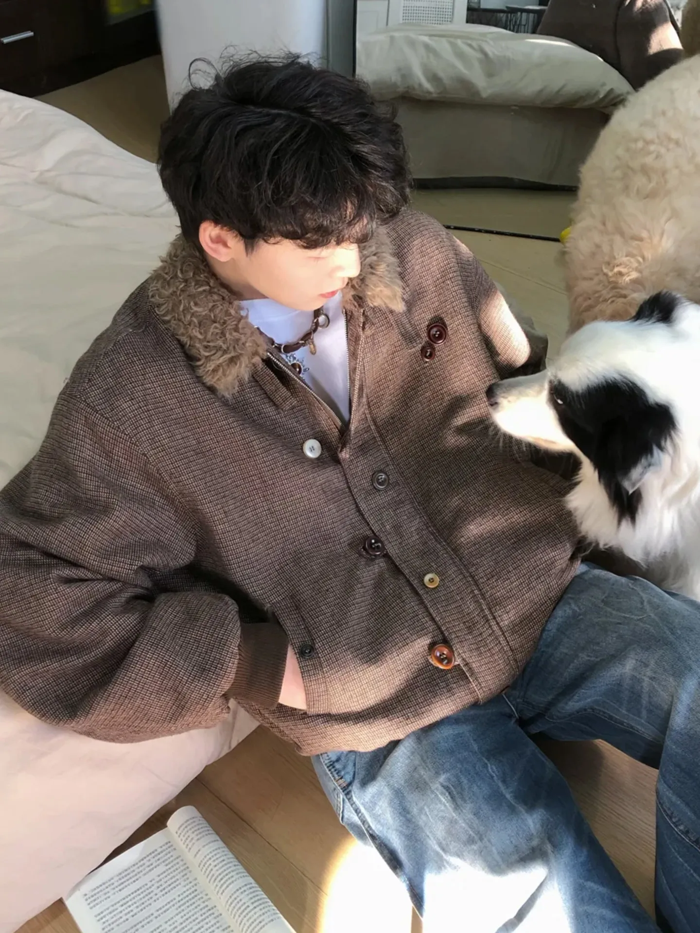 

American Retro Cotton Jaet Collar Flip Loose Casual ex Youth Warmth Long Sve Zipper Closure Side ket Outerwear