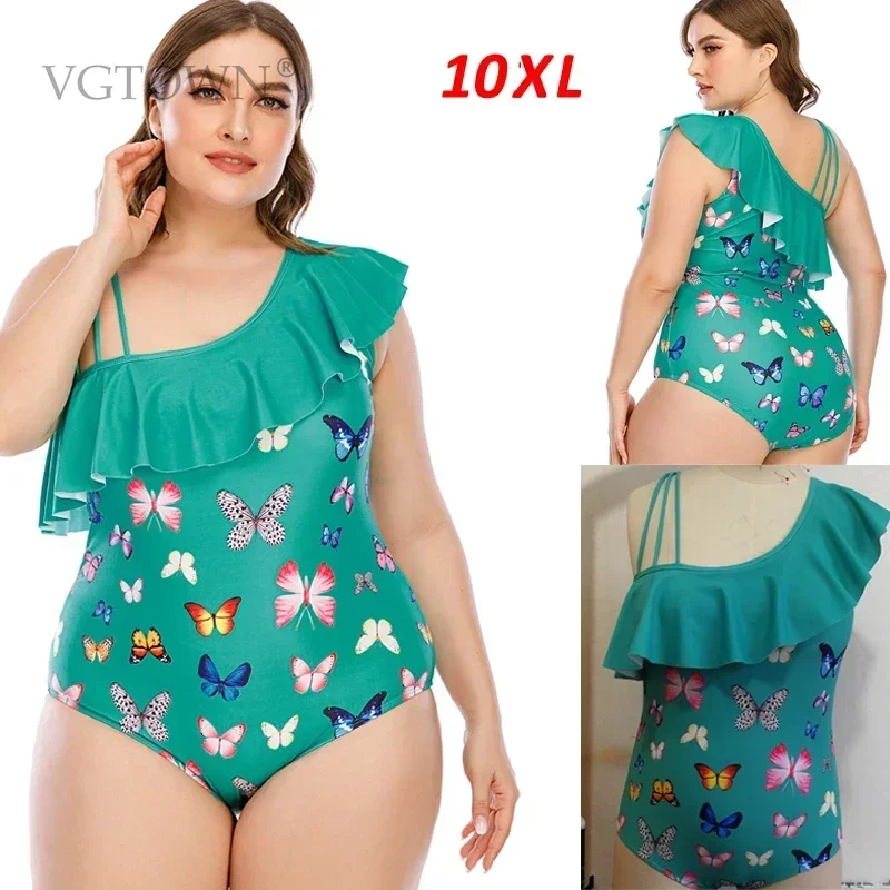 

New Super Large Size 8XL 10XL Sexy Women's Swimsuit Bikini Beachwear Flower Printed One Shoulder Swimsuit Biquini Bathing