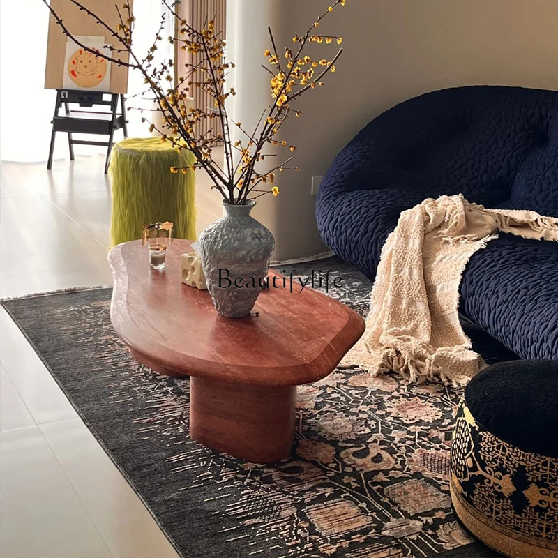 

Natural red stone living room coffee table modern simple marble tea table