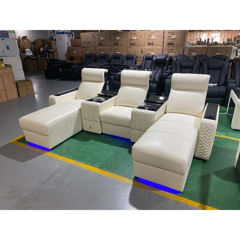 White Leather Reclining Sofa Lounge Chaise Villa Media Room VIP Power Recliner Chaise Theater Furniture Movie Chairs Seats