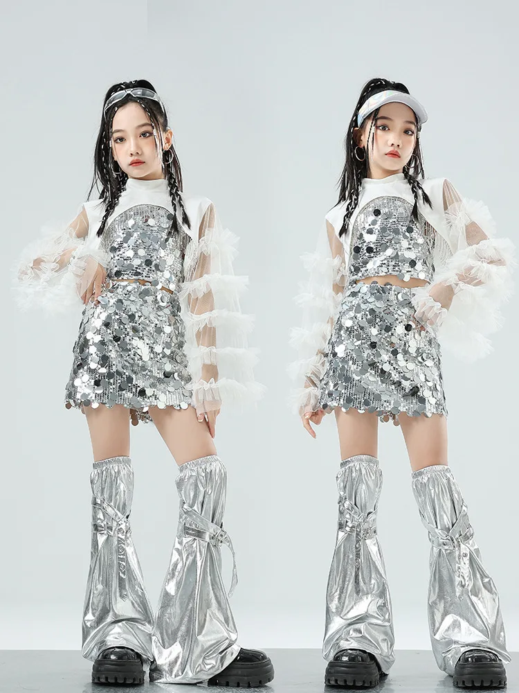 الفتيات الشاش المحاصيل الأعلى الشارع الرقص الفتيات الترتر التنانير الهيب هوب الجاز الفضة تنورة قصيرة الملابس مجموعات الفتيات الشارع الشهير K-pop ازياء