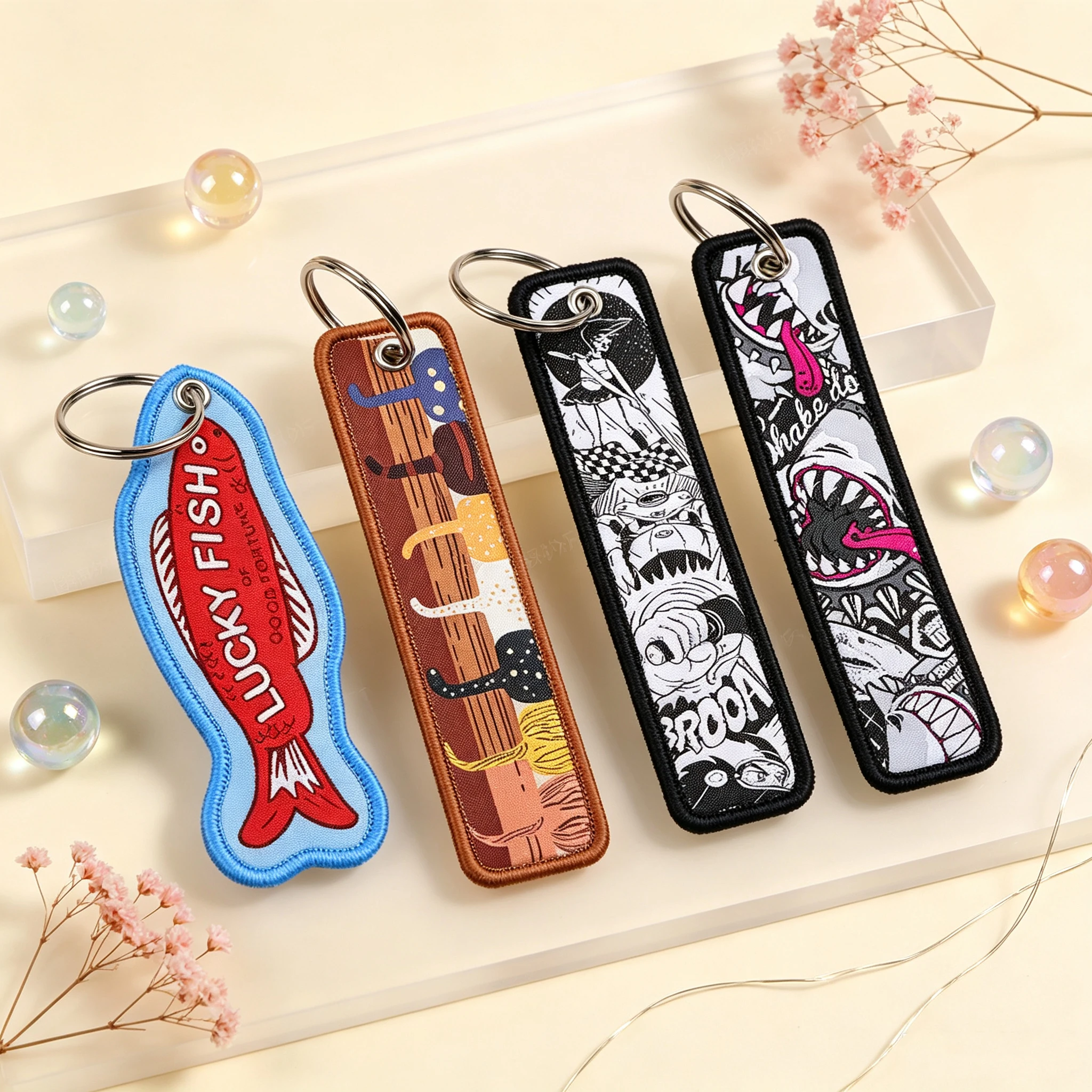 Porte-clés chats de dessin animé pour voitures et sacs à dos, porte-clés brodés requin cool et poisson porte-bonheur, accessoires et cadeaux