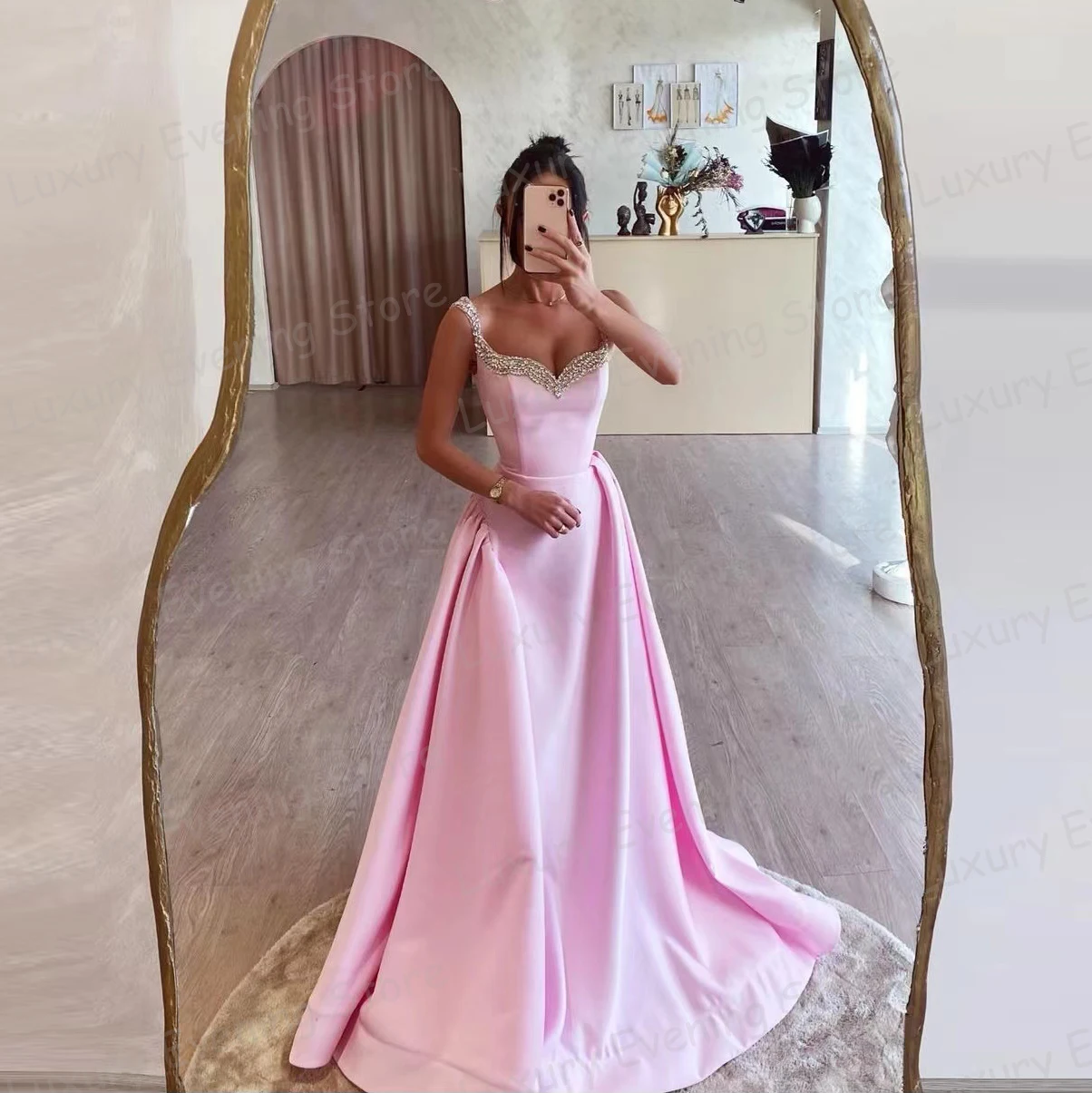 2024 moderne rosa Abendkleider Frau eine Linie elegante sexy ärmellose Falte Satin formelle Ballkleider Party Vestidos de Novia