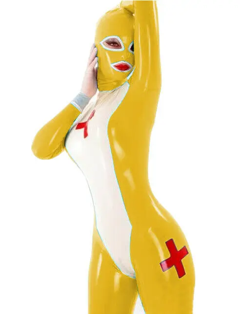 

Latex All-inclusive-Einteiler Mit Gelbem Und white Druck Mask Cosplay Rubber Gummi