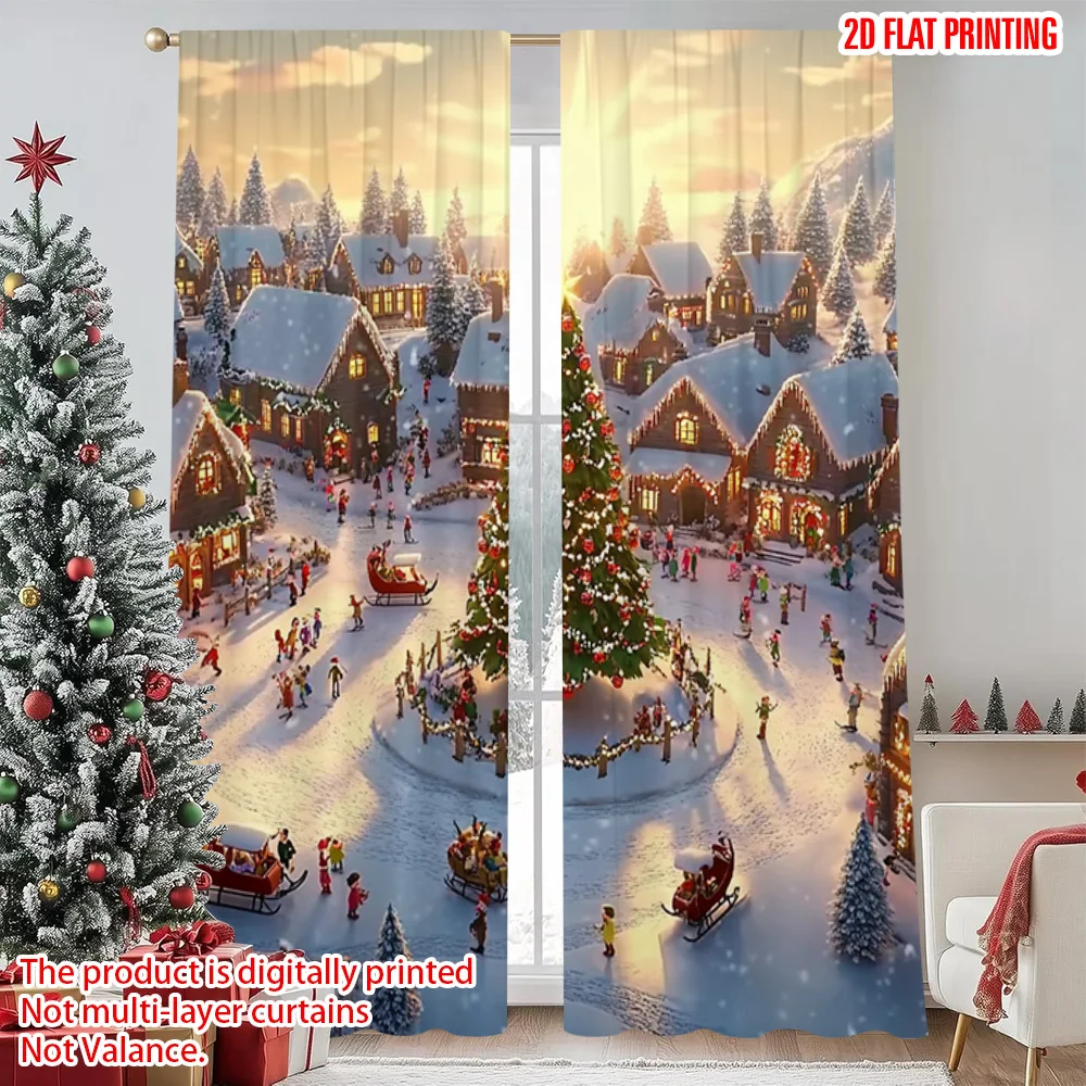 

2pcs 2D flat printing Christmas Window Curtains Winter Village Versatile Durable Polyester Without Electricity Spring Party &