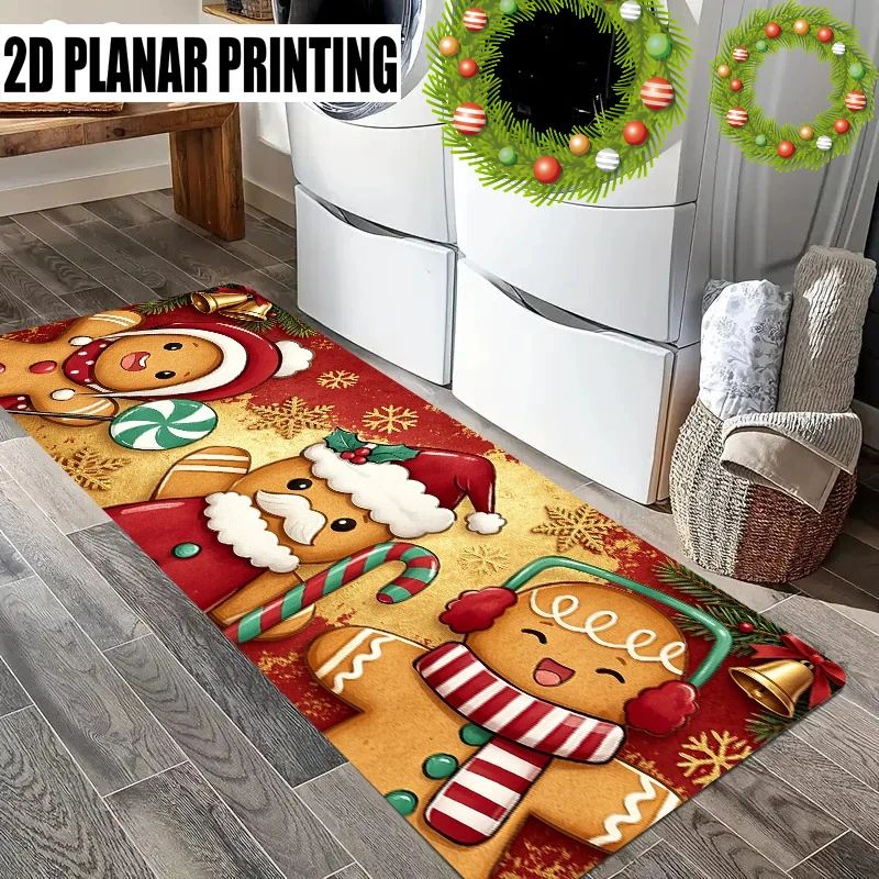 Trendy Printed Winter Xmas Long Runner Rug Cute Gingerbread Man Candy Cane Snowflake Print Carpet Indoor Floor Rug