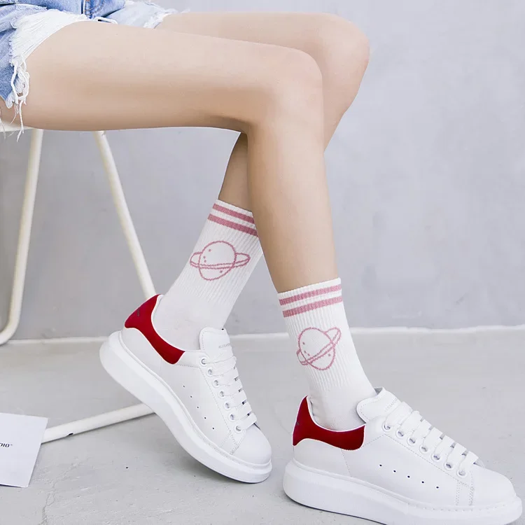 Female Socks Women's Stripe Mid Length Socks New Sports Style Women's Socks Cotton Two Bar Letter Planet