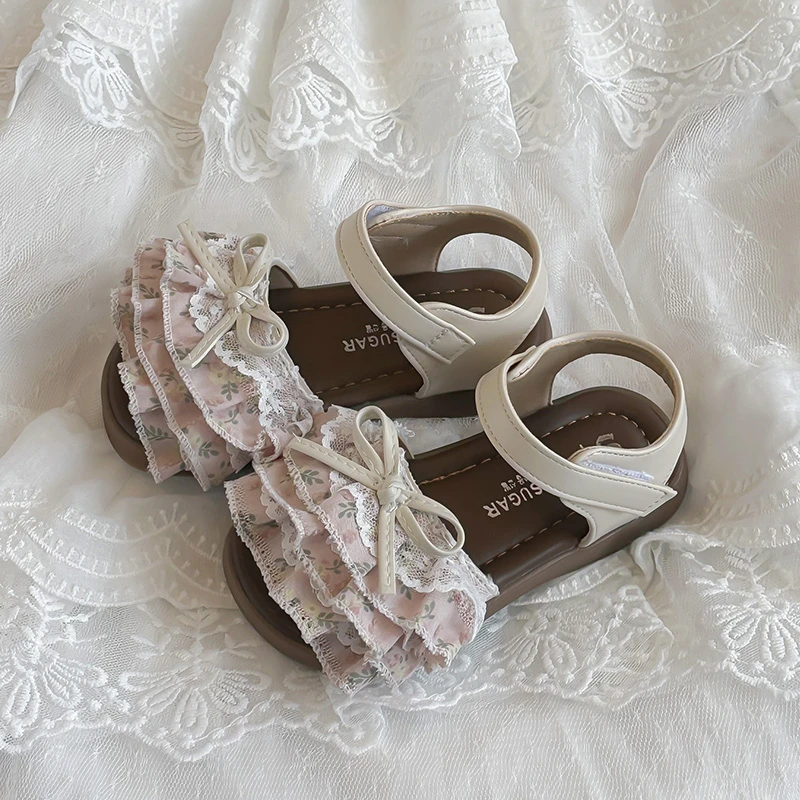 JGSHOWKITO Kids Casual Shoes Sweet Lace Girls Beach Shoes Open Toes Non-slip 2026 Summer New Children Princess Sandals Versatile