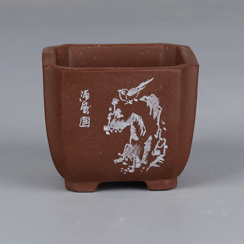 Ceramic Table Plant Pot, Zisha,Hand Carved Bonsai Pot, Cylinder Shape, Chinese Garden Decoration