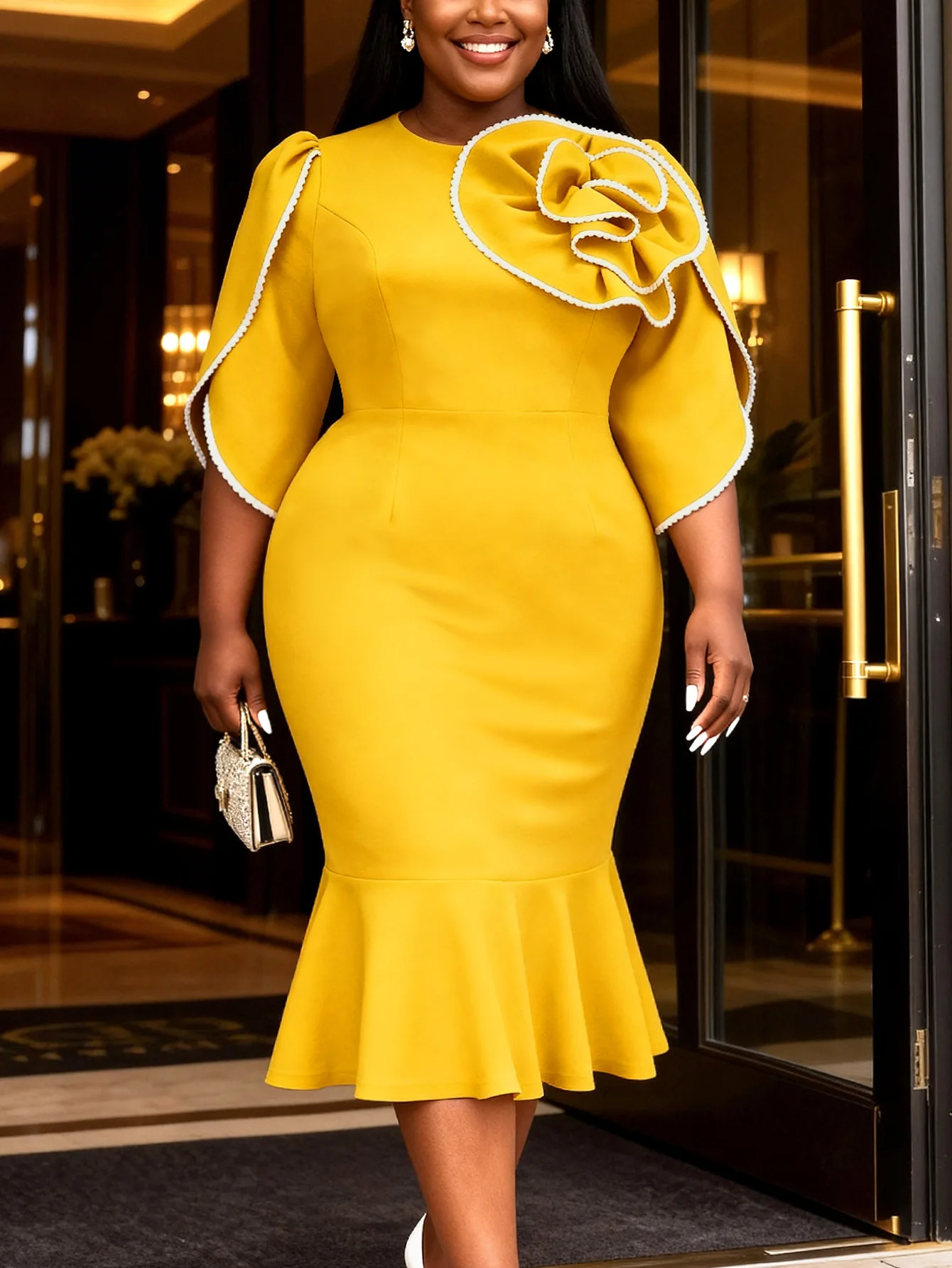 QMANSHA Übergröße Damen Burgunderrotes 3D-Blumenmuster Rundhals Mittellange Ärmel Tailliertes Meerjungfrauenkleid Abendkleid – Detail 15