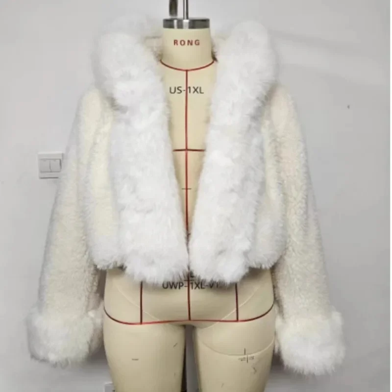 Winter Casual Hooded Faux Fur Jacket Women Fashion Fluffy Big Collar White Snow Jackets 2025 High Street Warm Plush Thick Coats