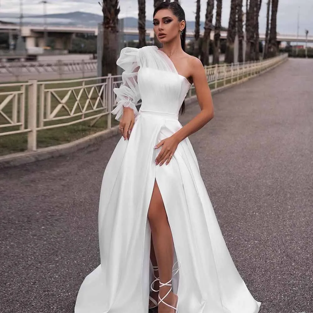 

Traditional Wedding Dresses Satin A-line Engagement Dress White One-shoulder Net Pleat Detachable Train Split Bridal Dress Long