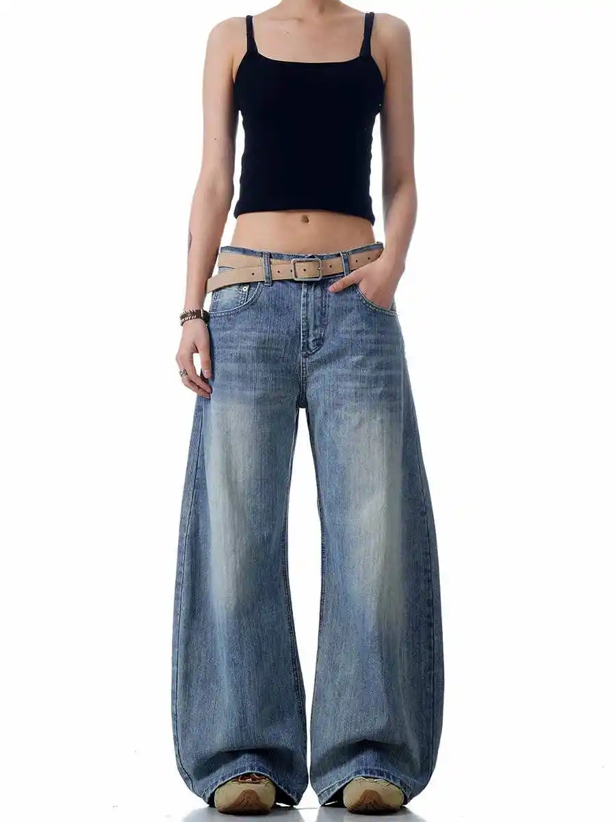 

Blue Jeans Women 90s Vintage Personality High Waisted Straight Trouser Streetwear Casual Loose Girl Wide Leg Classic Denim Pants