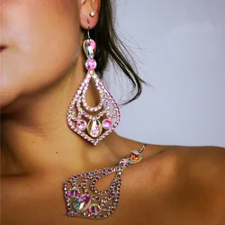 Stonefans Boho Rhinestone Dangle Earrings for Women Belly Dance Jewelry Elegant Geometric Statement Hanging Earrings Latin Stage
