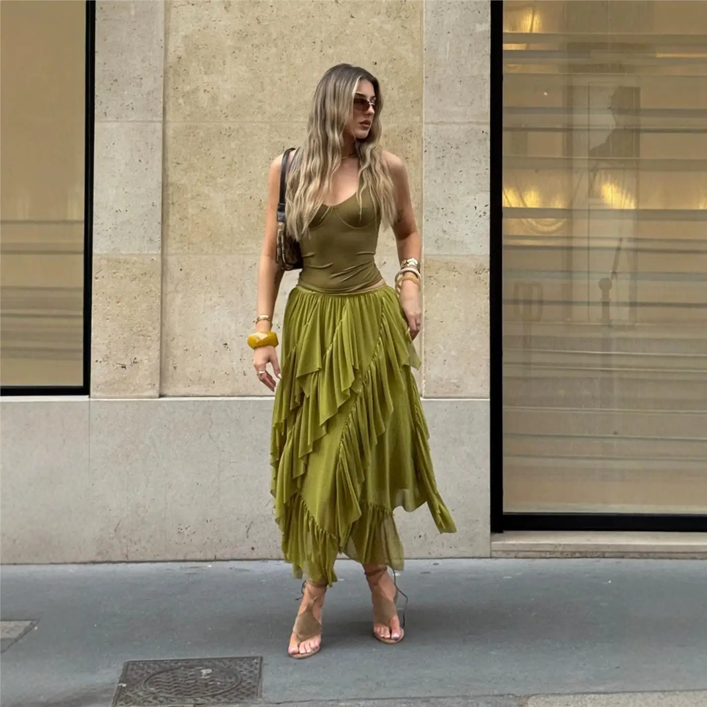 Fashionable Asymmetrical Hem Chiffon Skirt with Lace Trim Street Style Teen Girls mid Waist PVC Fabric Casual Batwing Shape