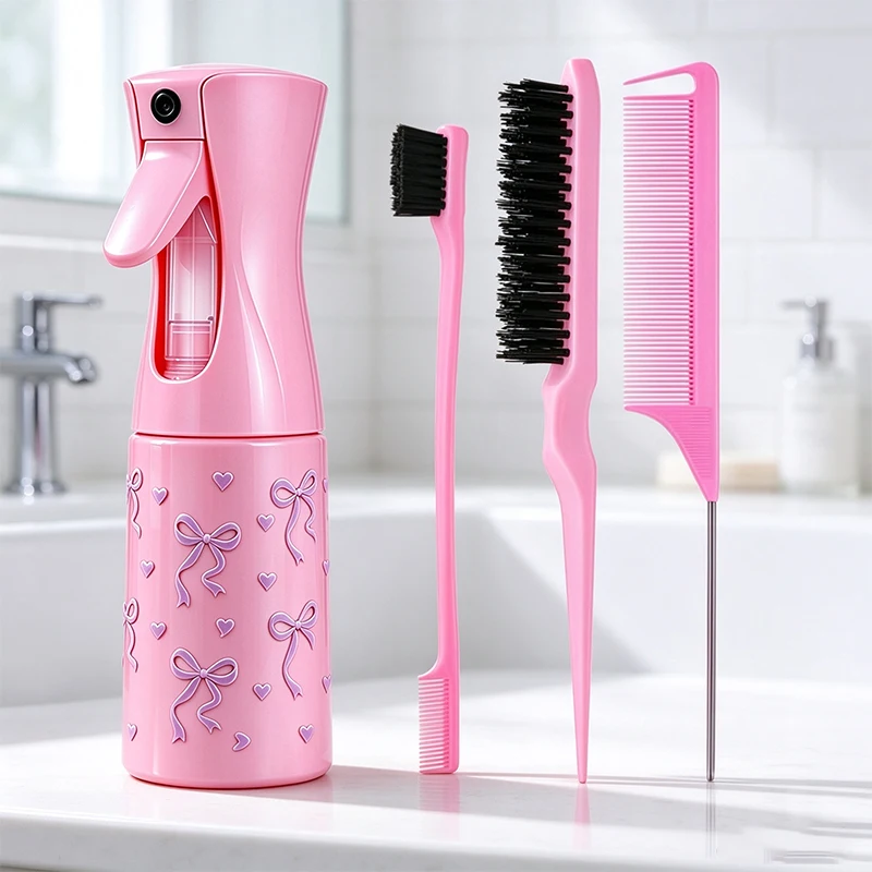 4Pcs Hair Set,200ml Strawberry Bow Spray Bottle,Anti-static ABS Flat Comb,Salon Home All Hair