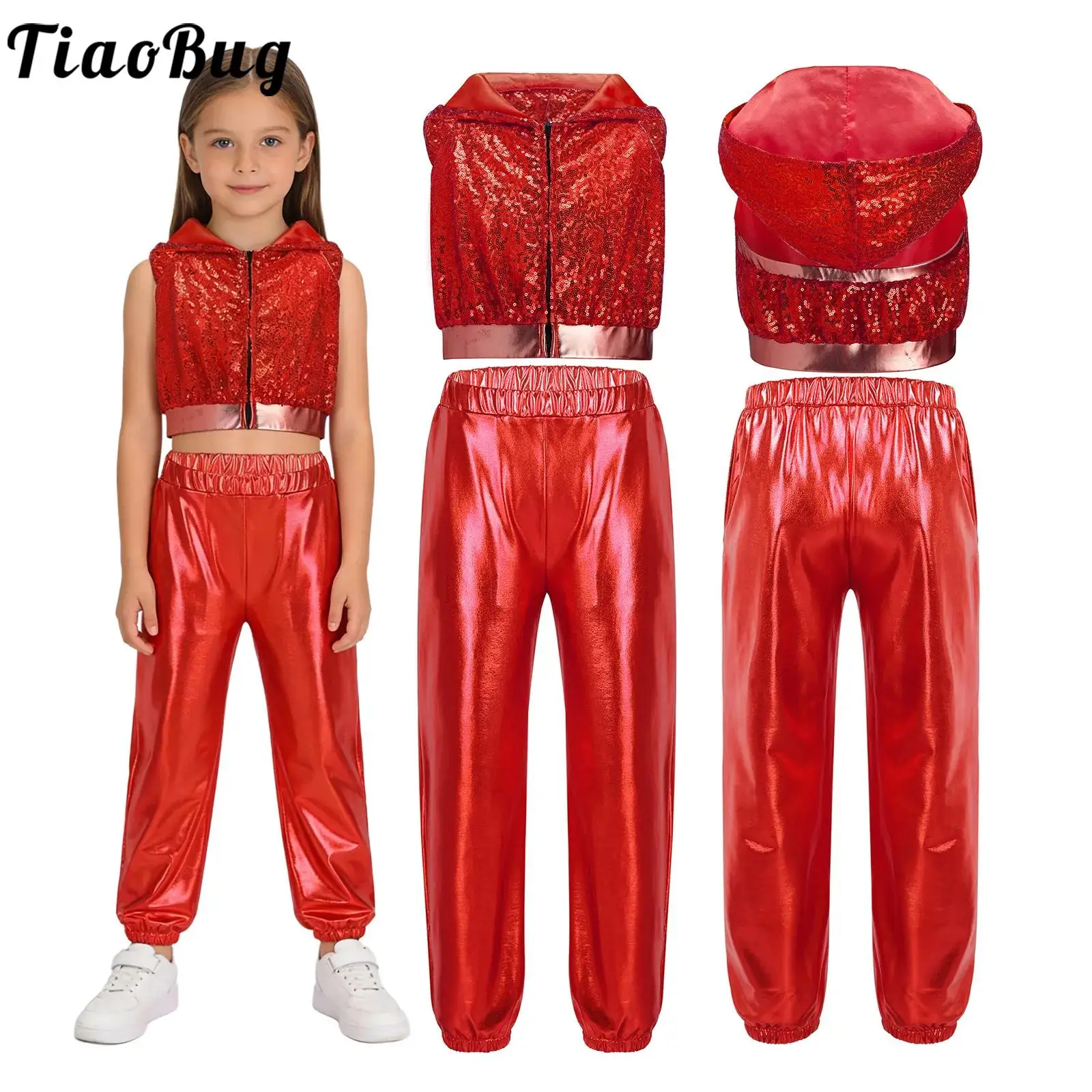 

Kids Girls Hip-Hop Jazz Dance Costume Cheer Modern Dance Outfits Sleeveless Sparkly Sequins Hooded Crop Top with Metallic Pants