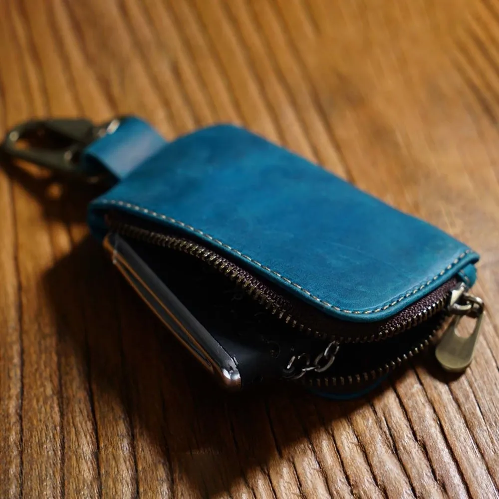 Genuine Cowhide Key Fob Holder L-Shaped Zipper Multiple Colors Available Crazy Horse Leather Wallet Yellow Wax Thread Stitching