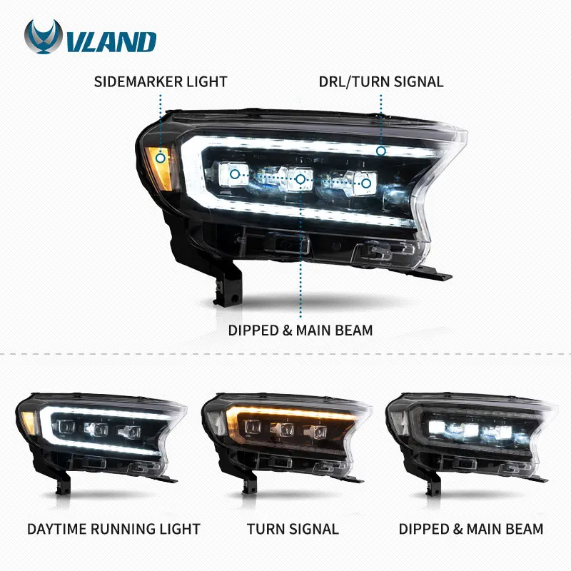 VLAND Full LED Front Lamp Head Lights Assembly 2015-2019 2020 With Dynamic Turn Signal for Ford Ranger T6 T7 T8 - Image 2