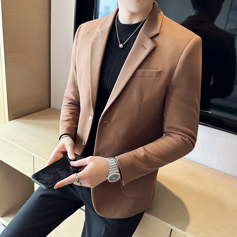 Autumn  Winter New Fine Striped Woolen Suit Jacket Men Casual Business Slim Fit Party Dress Formal Wedding Fashion Suit Coat