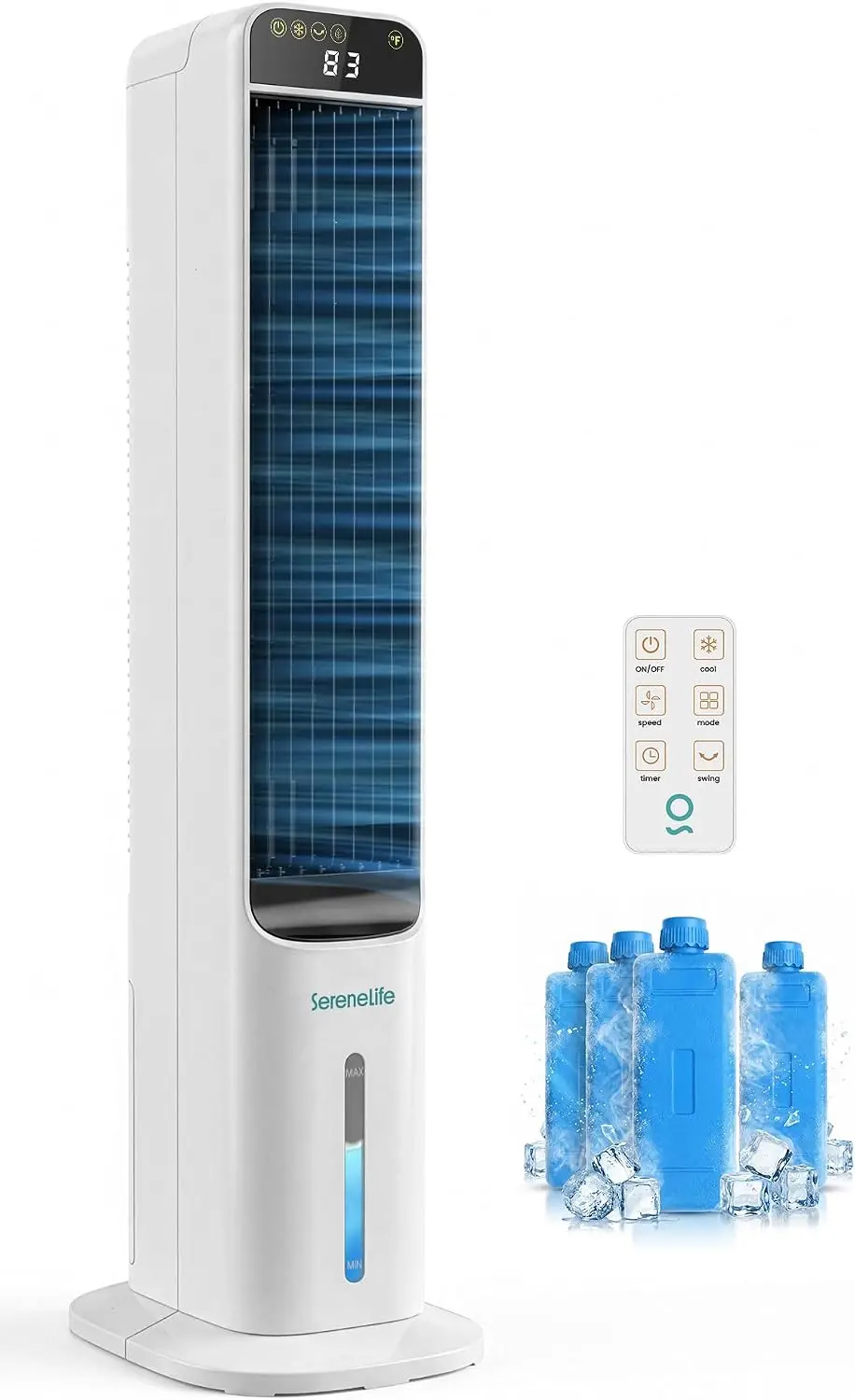 Quiet Oscillating Tower Evaporative Air Cooler with Remote, 5L Water Tank, 4 Ice Boxes, 3 Fan Speeds, Portable Energy-Efficient Standing Cooler for Home, Office, Bedroom, 10 x 13 x 39 Inches