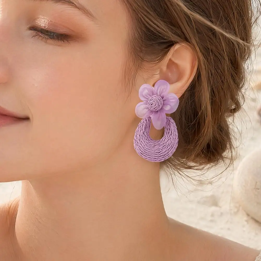 1 Pair Raffia Flower Drop Earrings Women Bohemian Woven Earrings Oval Statement Dangle Earrings Summer Beach Vacation Jewelry