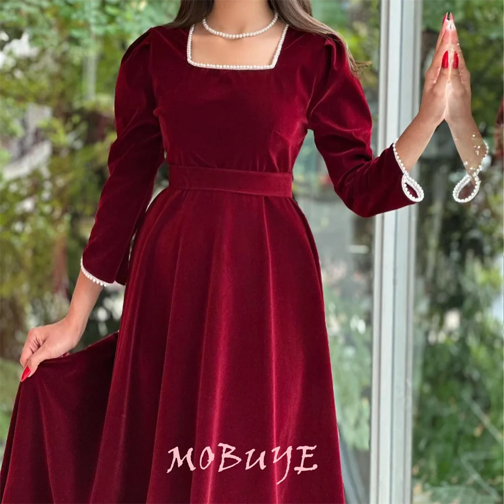 MOBUYE 2024 Popular Square Collar Prom Dress Floor-Length With Long Sleeves Evening Fashion Elegant Party Dress For Women