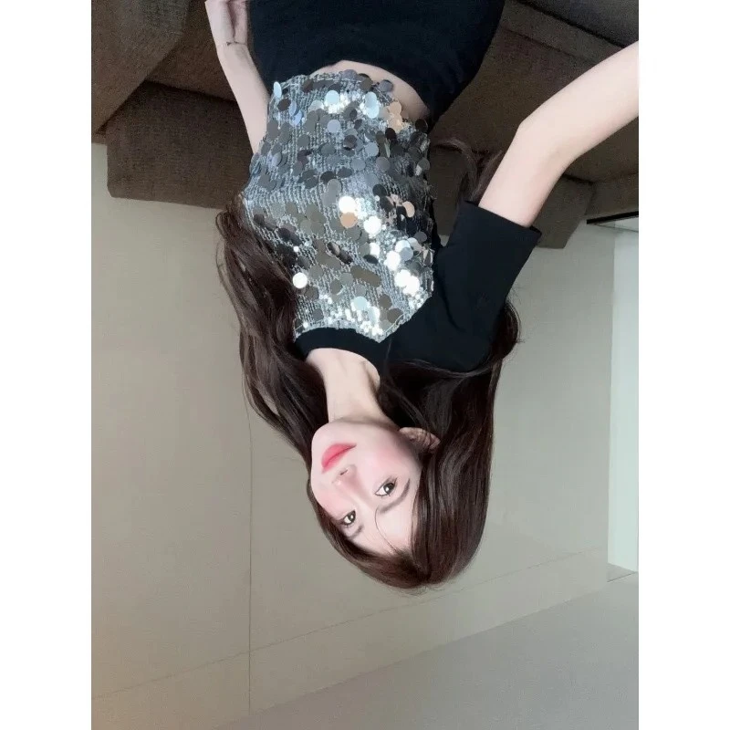 

Top Women's Summer Designer Cropped Fitted Short-Sleeve T-Shirt Sexy Round Neck Sequin New Comfortable Minimalist Casual Niche