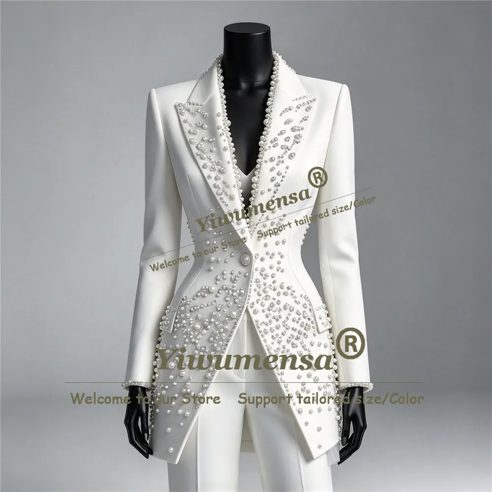 Handmade Wedding Suit For Woman Mother Of Groom Pearls Long Jacket Pants 2 Piece Sets Lady Business Party Tuxedo Customized 2027