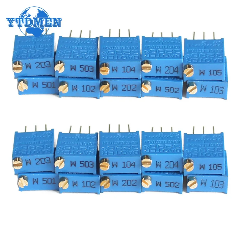 10PCS 3296W Trimmer Potentiometer 100R 500R 1K 2K 5K 10K 20K  50K 100K 200K 500K 1M 3296 Potentiometers Variable Resistor Kit