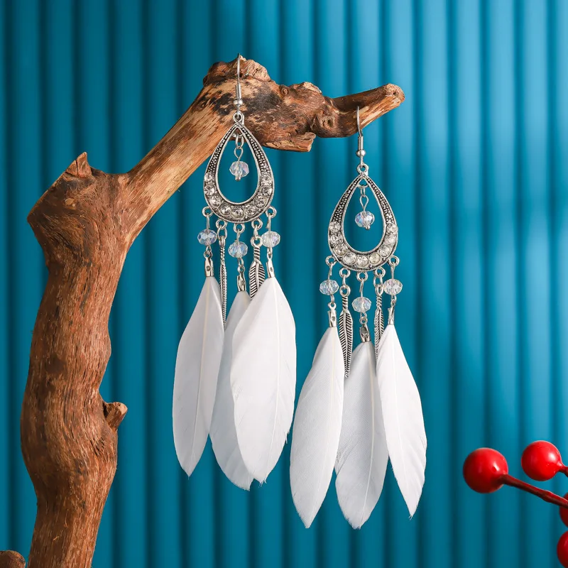 New Vintage Rhinestone Feather Tassel Earrings Ethnic Long Beads Alloy Leaf Earrings Bijoux Femme Wedding Boheme