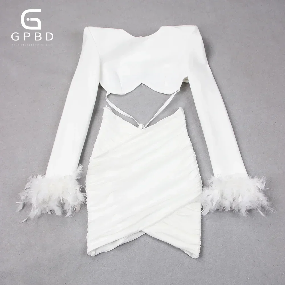 GPBD 2024 Fashion Feather Mesh  Bandage Womens Two Peice Sets Blazer Mujer Top Mini Dress Sexy Dresses