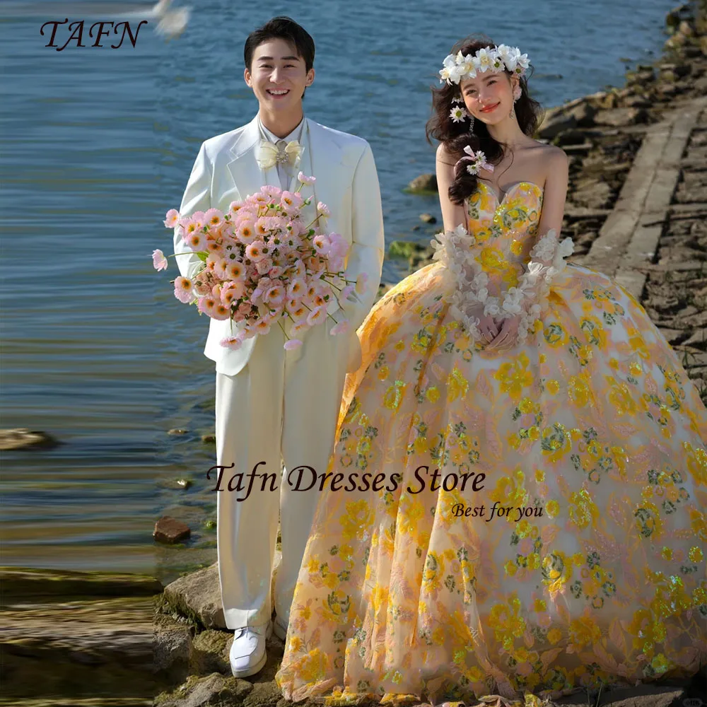 

TAFN 2025 New Floral Wedding Dresses Sweetheart Collar A-line Sweep Train Strapless Bridal Gown 한국 웨딩드레스 Photo Shoot